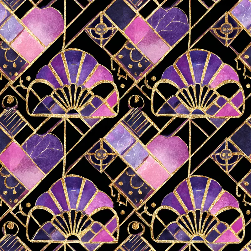Geometric pattern with purple and pink watercolor shapes and gold accents
