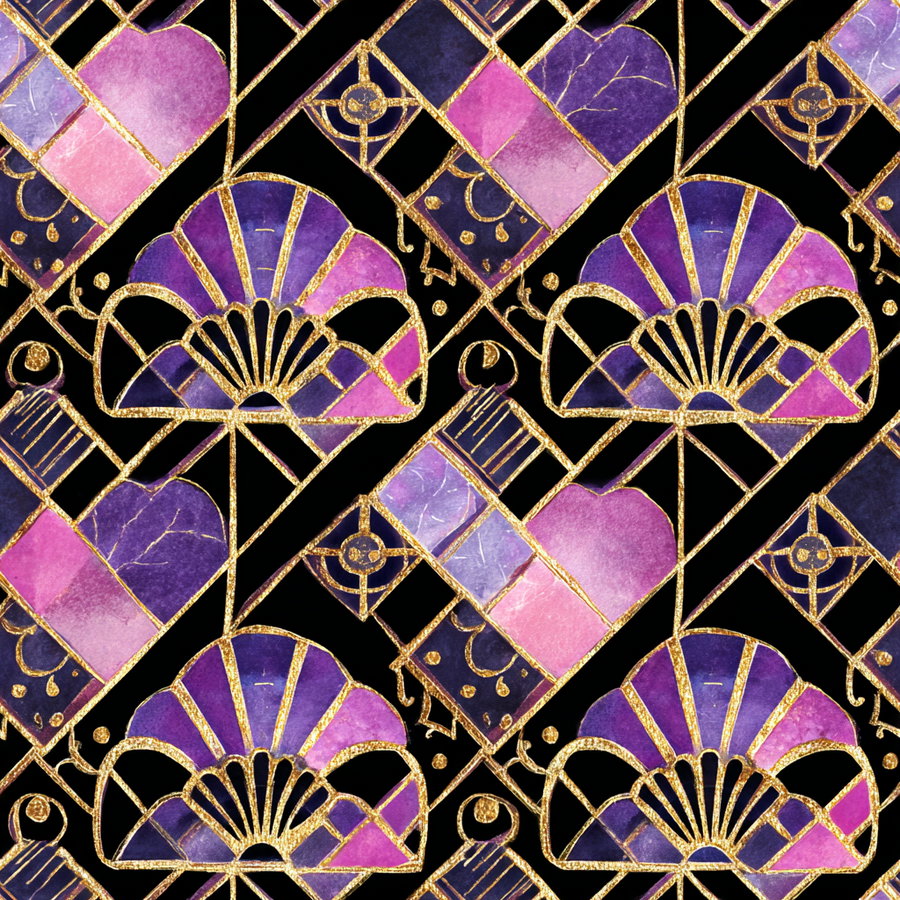 seamless geometric pattern featuring purple and pink watercolor fan shapes and diamond shapes outlined with gold on a black background