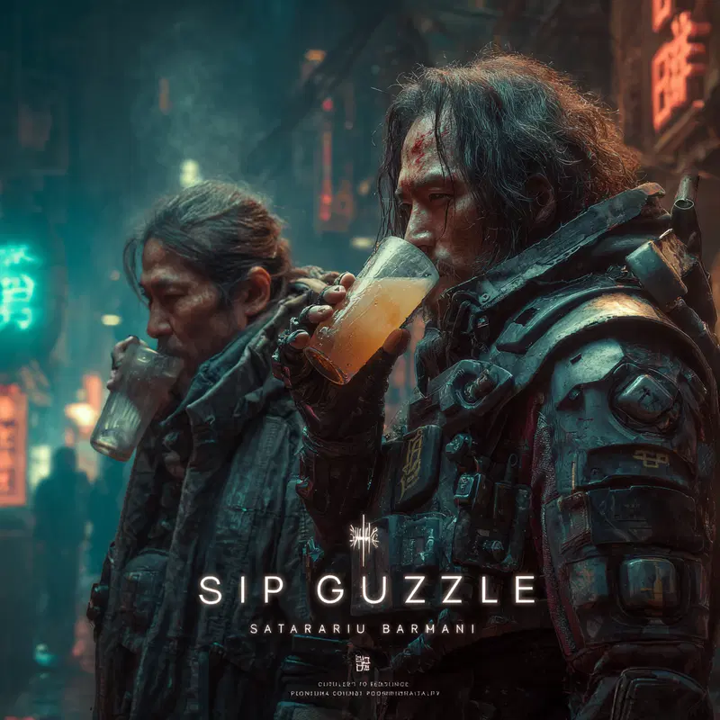 Detailed cyberpunk style portrait of two men drinking in a neon-lit street