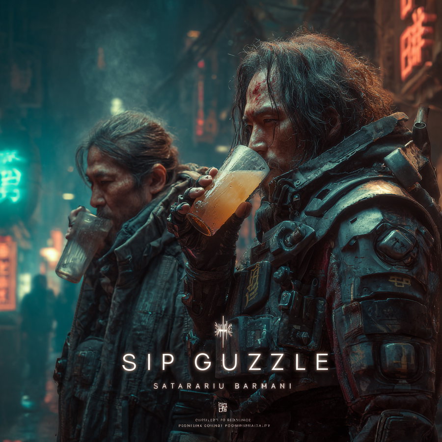 Two men in futuristic armor and worn clothing sipping drinks in a neon-lit urban street with signs in the background