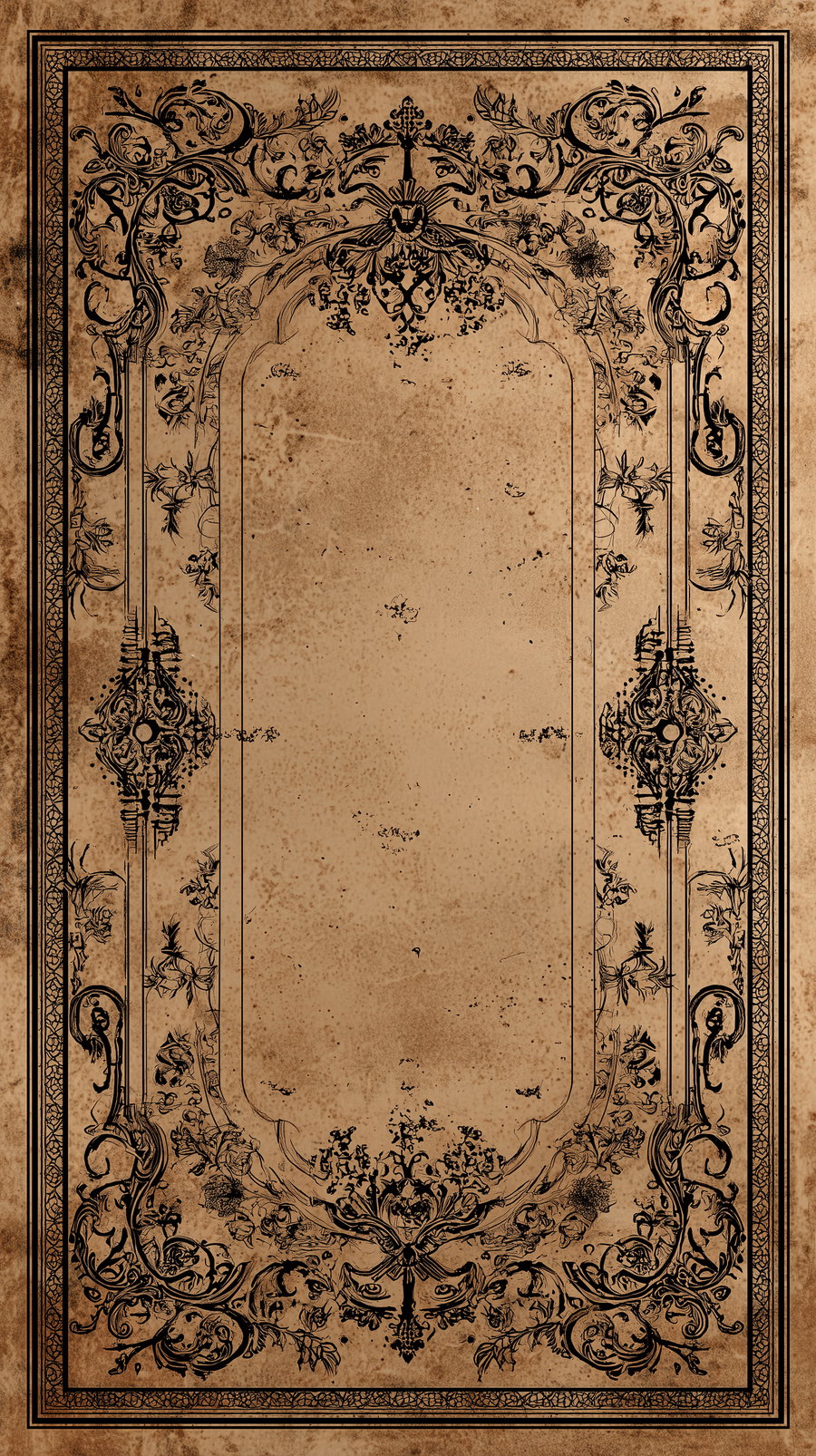 Aged, brown paper with intricate black floral and scroll ornamental patterns forming a decorative border and central frame