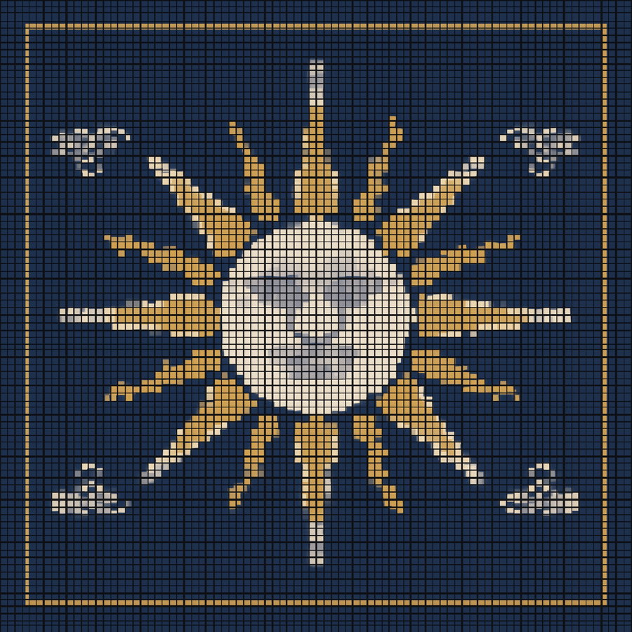 A mosaic artwork depicting a large sun with a human-like face at the center, radiating gold and white rays against a dark blue background, with four small clouds positioned near the edges.