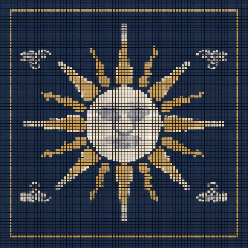 Surreal mosaic of the sun with a human face and surrounding clouds