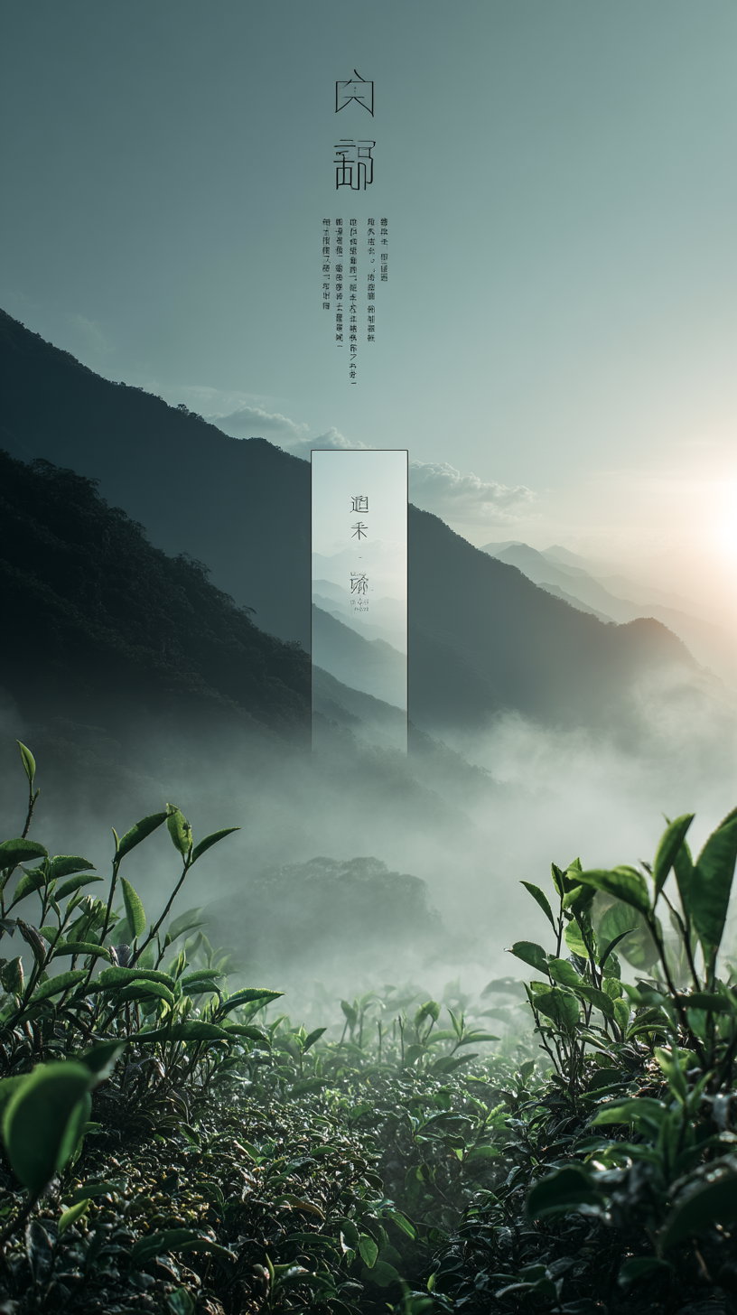 View of green plants and bushes in the foreground, mist covering the valley, layered mountain silhouettes under a clear sky with soft sunlight in the background