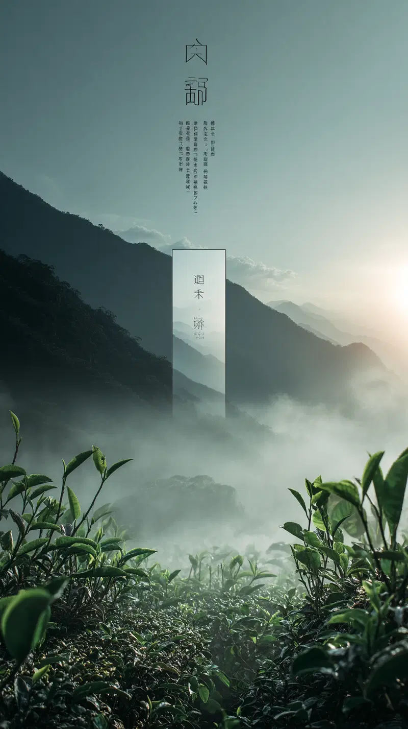 A misty mountainous landscape with lush green plants in the foreground and soft morning light