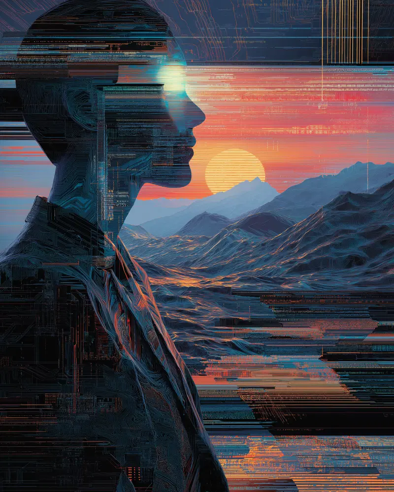 Surreal digital illustration of a futuristic woman profile with a glowing eye and sunset mountain landscape