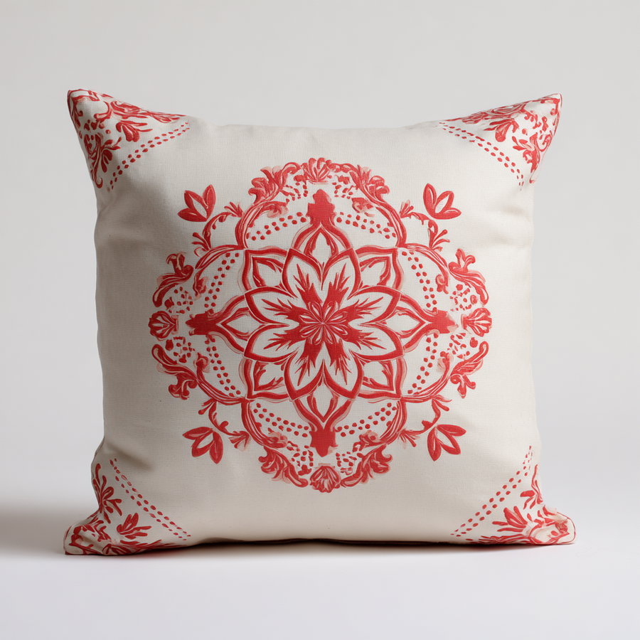 A square decorative pillow with a central red floral and ornamental design on a white fabric background, featuring red corner accents