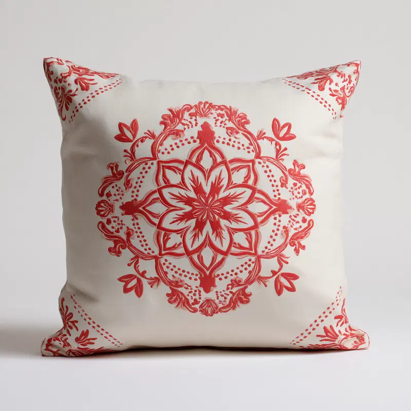Decorative pillow with red floral pattern on white fabric background