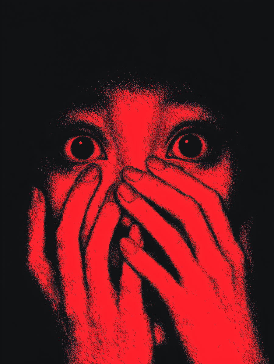 Close-up portrait of a person with wide eyes and hands covering the face rendered in red and black colors with a textured style