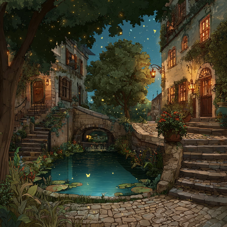 A fantasy village setting at night with cobblestone steps and pathways, ivy-covered buildings with warm glowing windows, a small stone bridge over a pond with lily pads, lush greenery, and numerous glowing fireflies illuminating the scene.