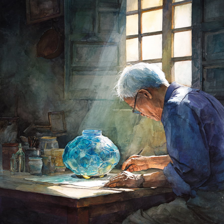 An elderly man with white hair and glasses is sitting and drawing on a piece of paper on a wooden table illuminated by sunlight coming through a window. On the table, there is a blue faceted glass vase and various jars and brushes. The background has a dark, rustic room setting.