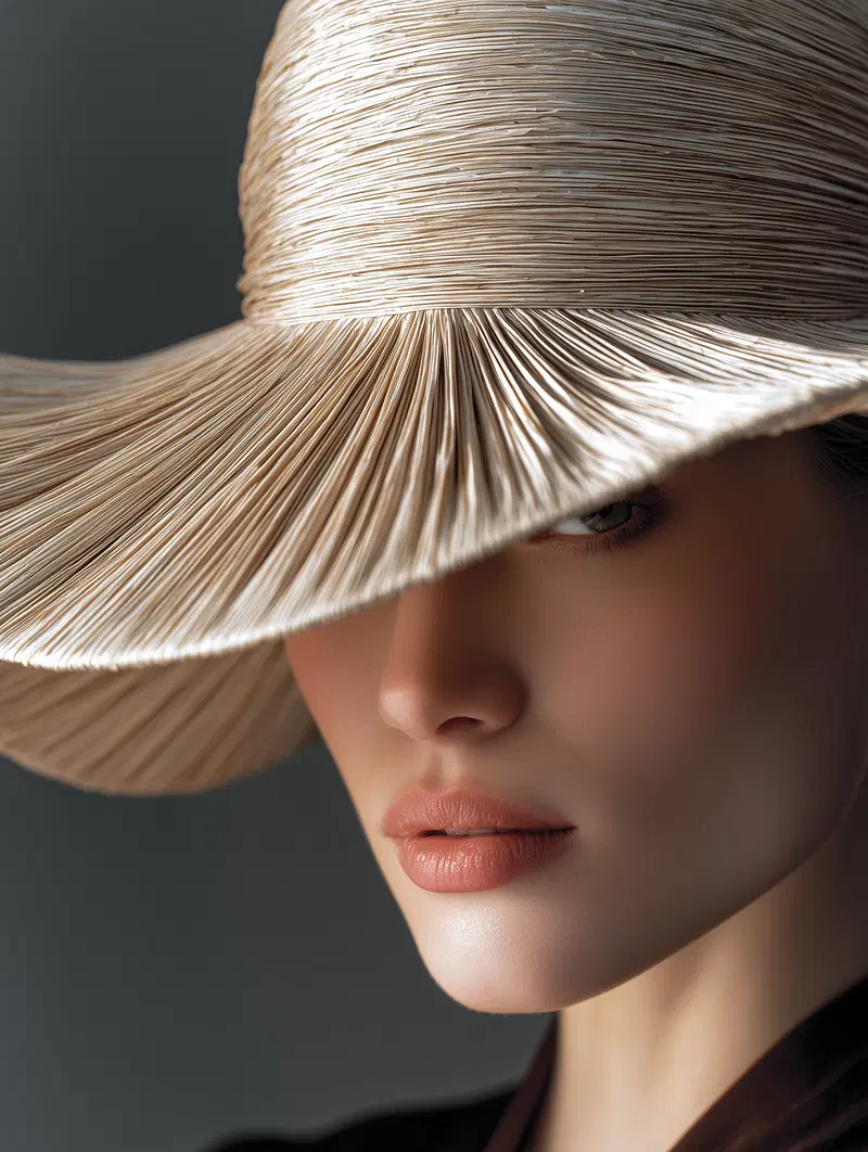 Close-up portrait of a woman with a large woven hat partially covering her face