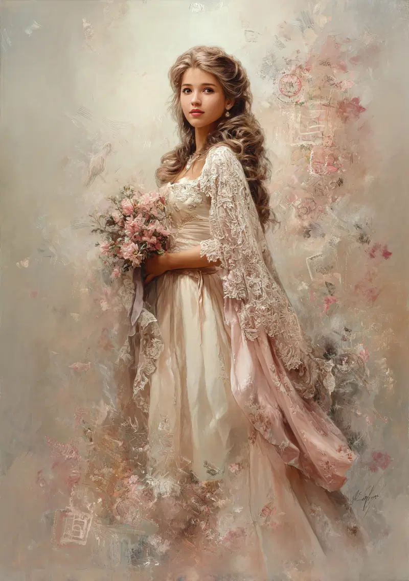 Elegant woman in vintage lace dress holding a bouquet of flowers