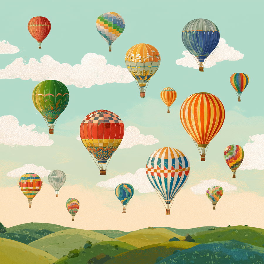 An illustrated scene of numerous colorful hot air balloons flying in the sky over green rolling hills with scattered clouds