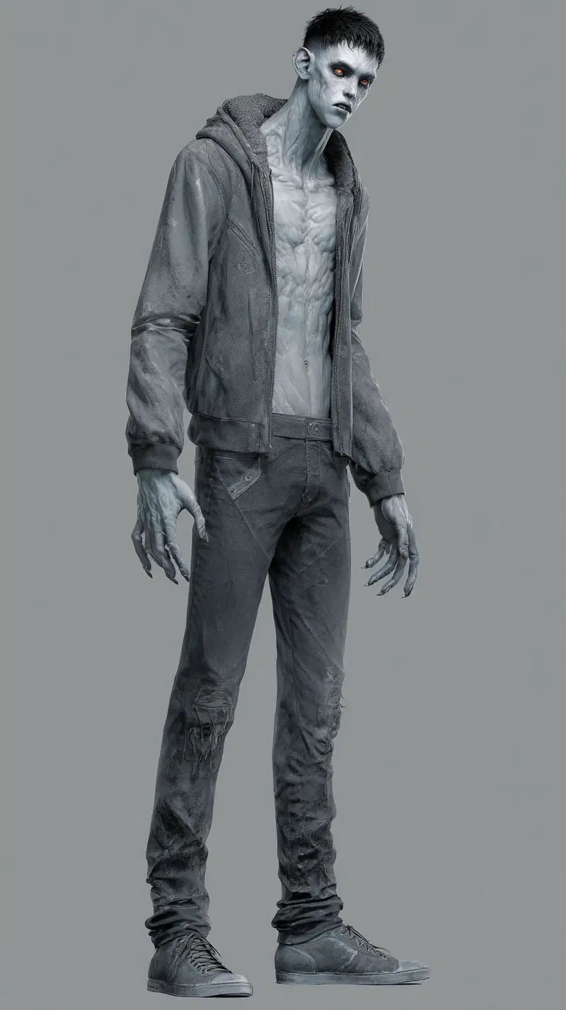Detailed digital art of a tall, eerie fantasy character with pale skin and glowing eyes