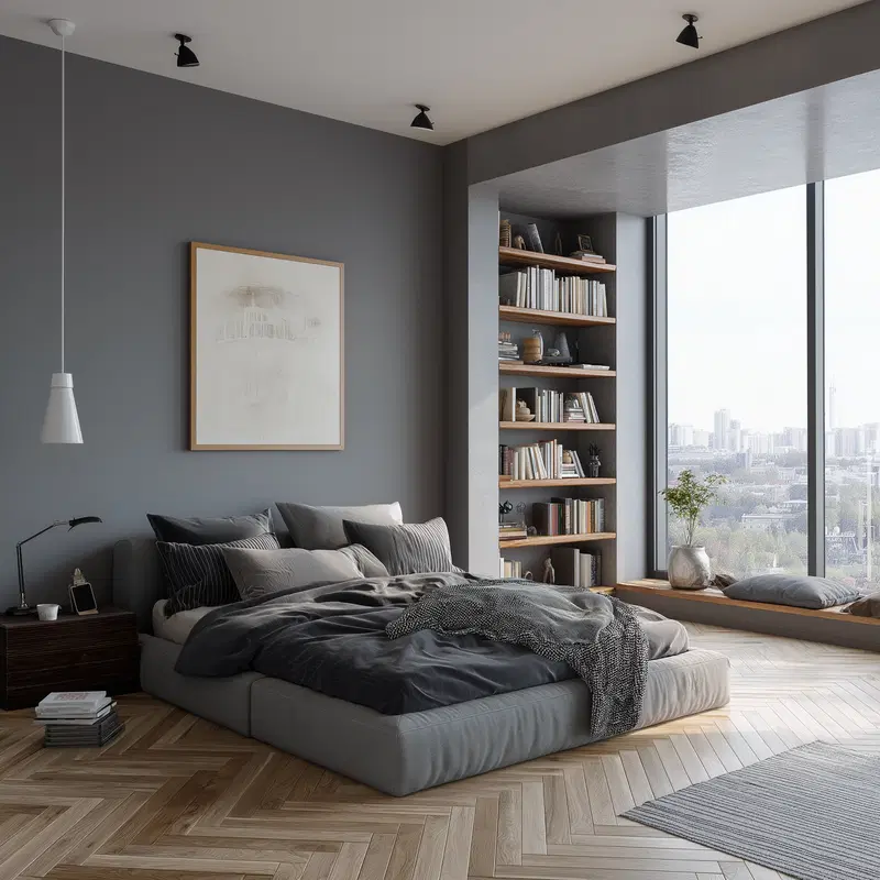 Modern bedroom interior with large windows and built-in bookshelf
