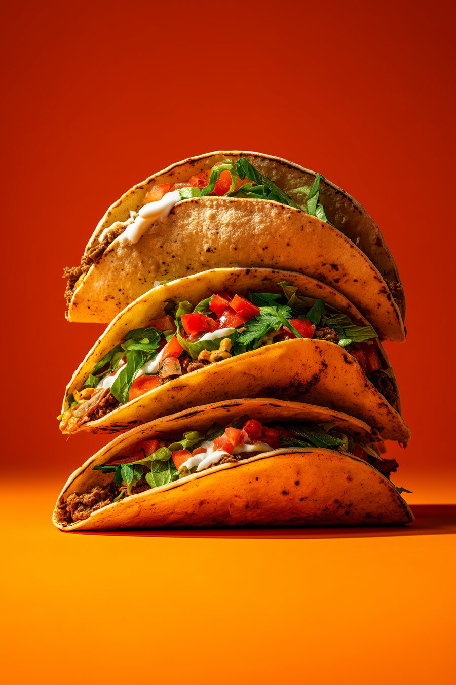 Three stacked tacos filled with ground meat, lettuce, diced tomatoes, and a drizzle of white sauce against an orange and red gradient background