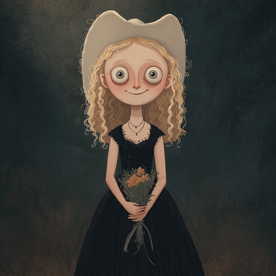 A digital portrait of a woman with large eyes, curly blonde hair wearing a beige cowboy hat, a black dress, and holding a bouquet of flowers against a dark textured background.