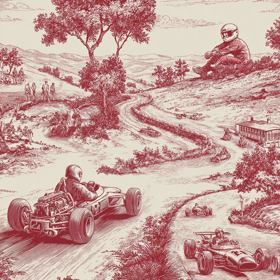Illustration of vintage racing cars on a winding country road with several spectators watching and a large seated figure in racing suit and helmet observing from a hilltop, all drawn in red ink.