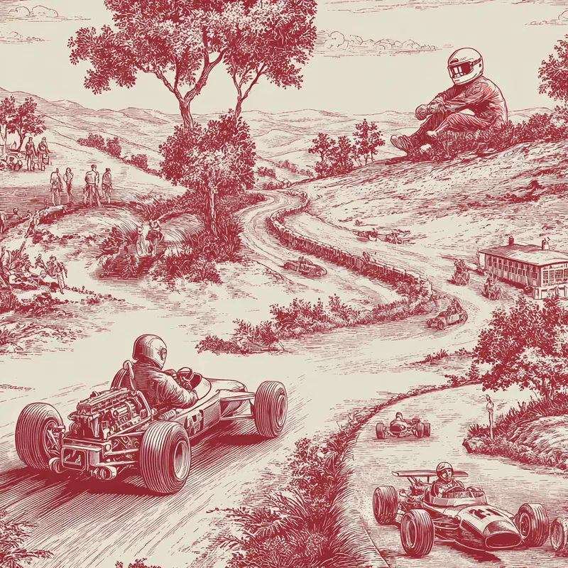 Vintage racing cars driving on a winding road with spectators and a large figure in racing gear