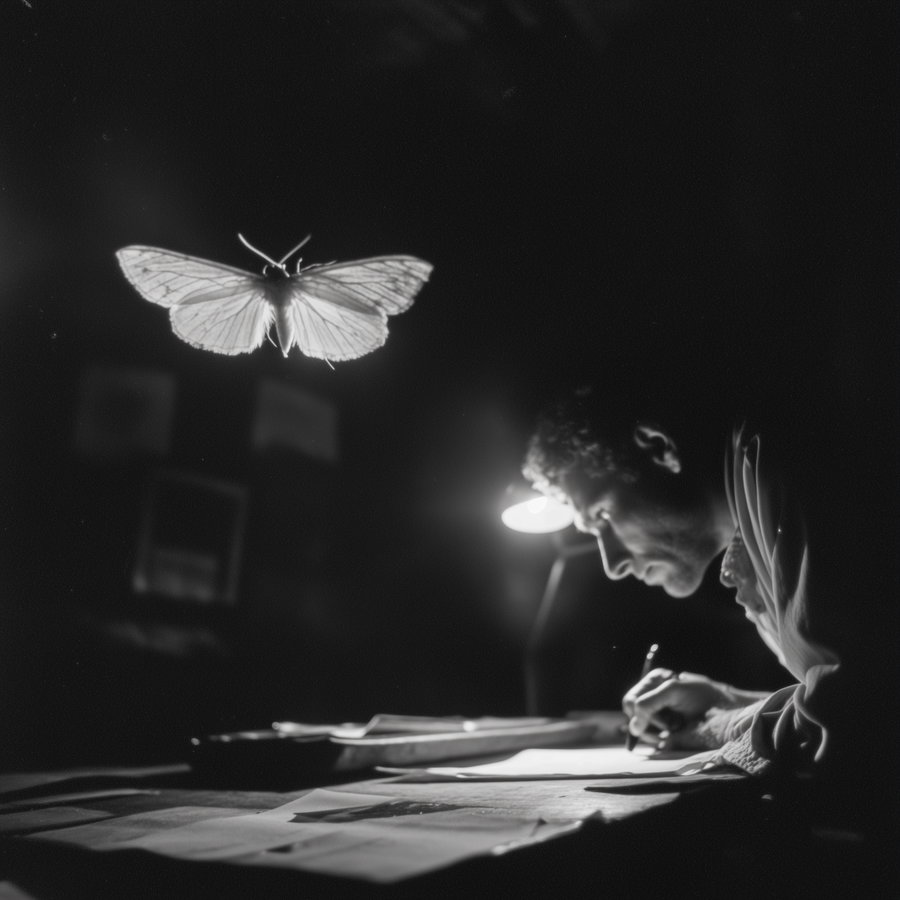 A black and white photograph shows a man with a focused expression drawing or writing on paper under a lamp. A butterfly is floating in the air nearby, contrasting softly with the dark background.