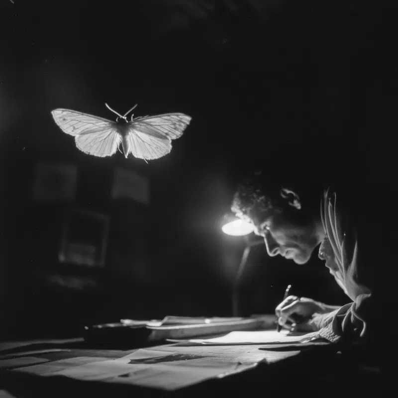 Black and white emotional portrait of a man focused on drawing under a lamp