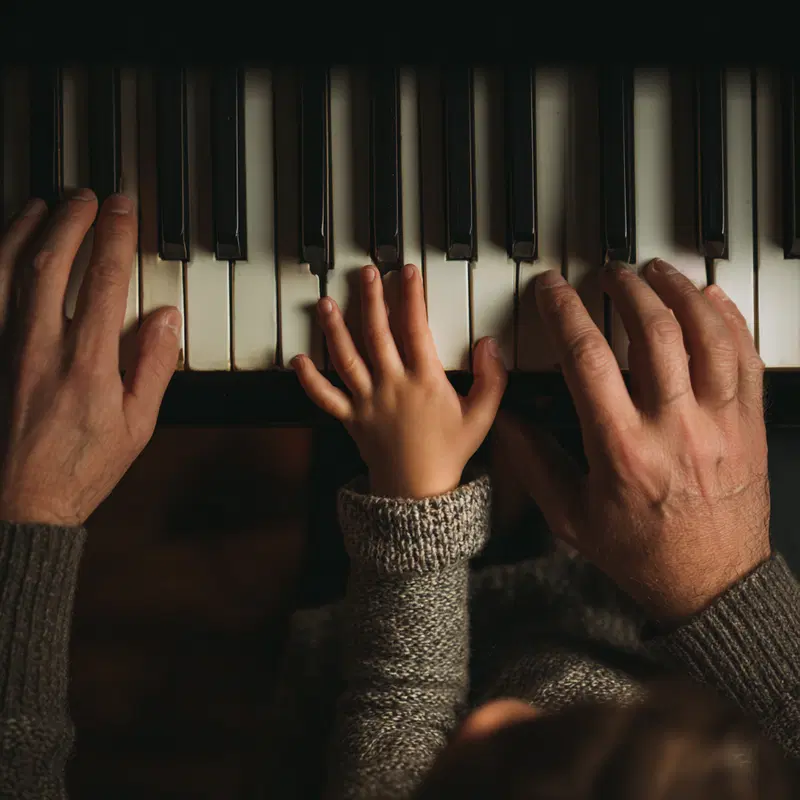 Hands of adult and child playing piano keys together in cozy setting