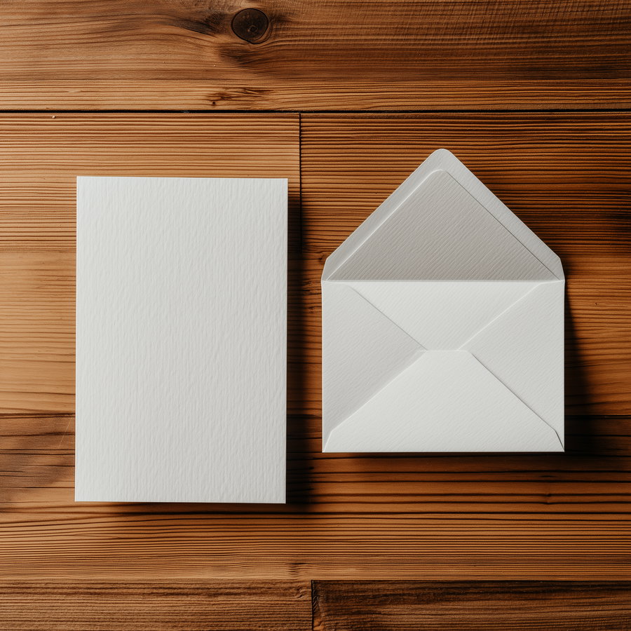 A blank white card and an open white envelope placed side by side on a textured wooden surface