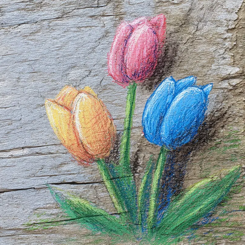 Colorful pastel drawing of tulips on textured wooden surface