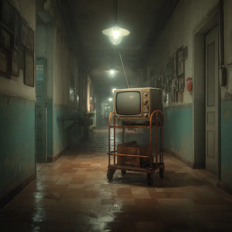 Atmospheric vintage hallway with an old television on a cart