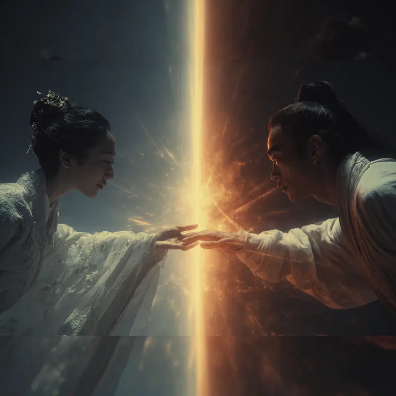 Two fantasy characters reaching out to each other separated by a glowing light
