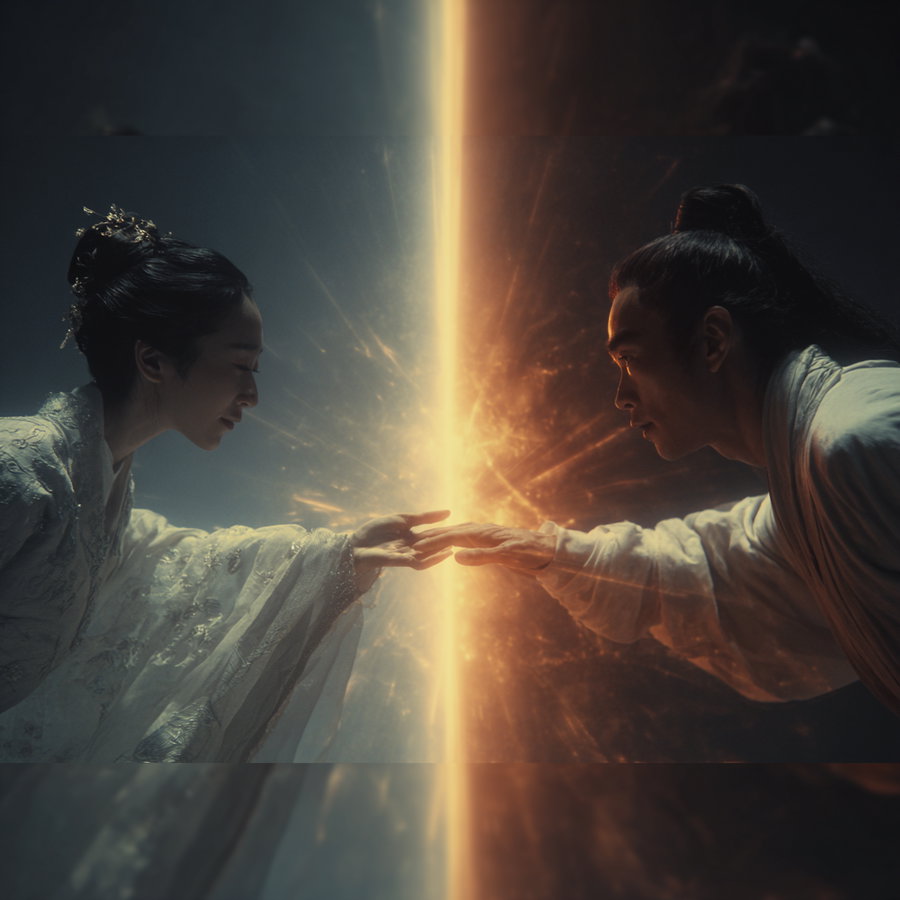 A man and a woman dressed in fantasy style clothes reaching out towards each other with their hands close but separated by a bright vertical glowing light in the middle