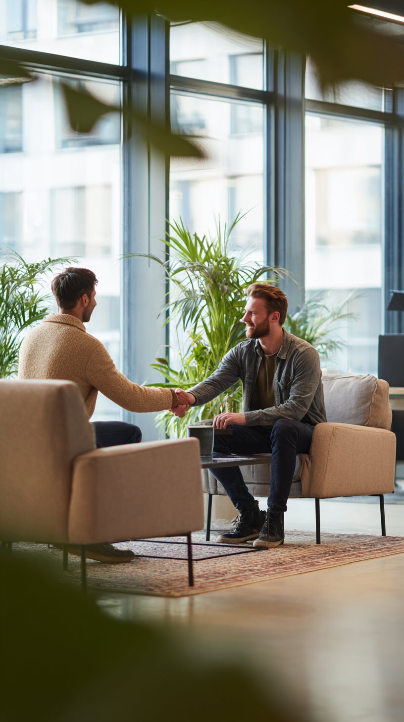 Two men sitting on beige chairs shaking hands across a small black table in a bright room with large windows and green plants
