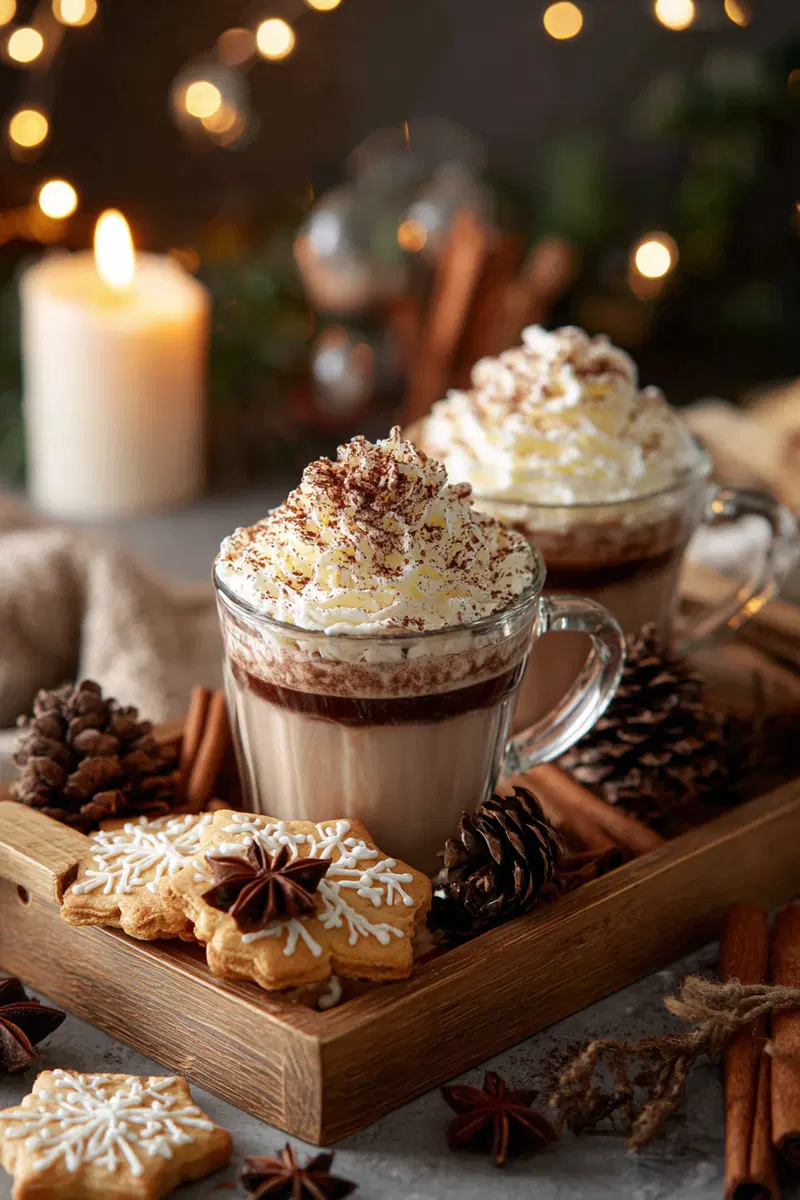 Cozy winter scene with two cups of whipped cream topped hot chocolate and decorated cookies