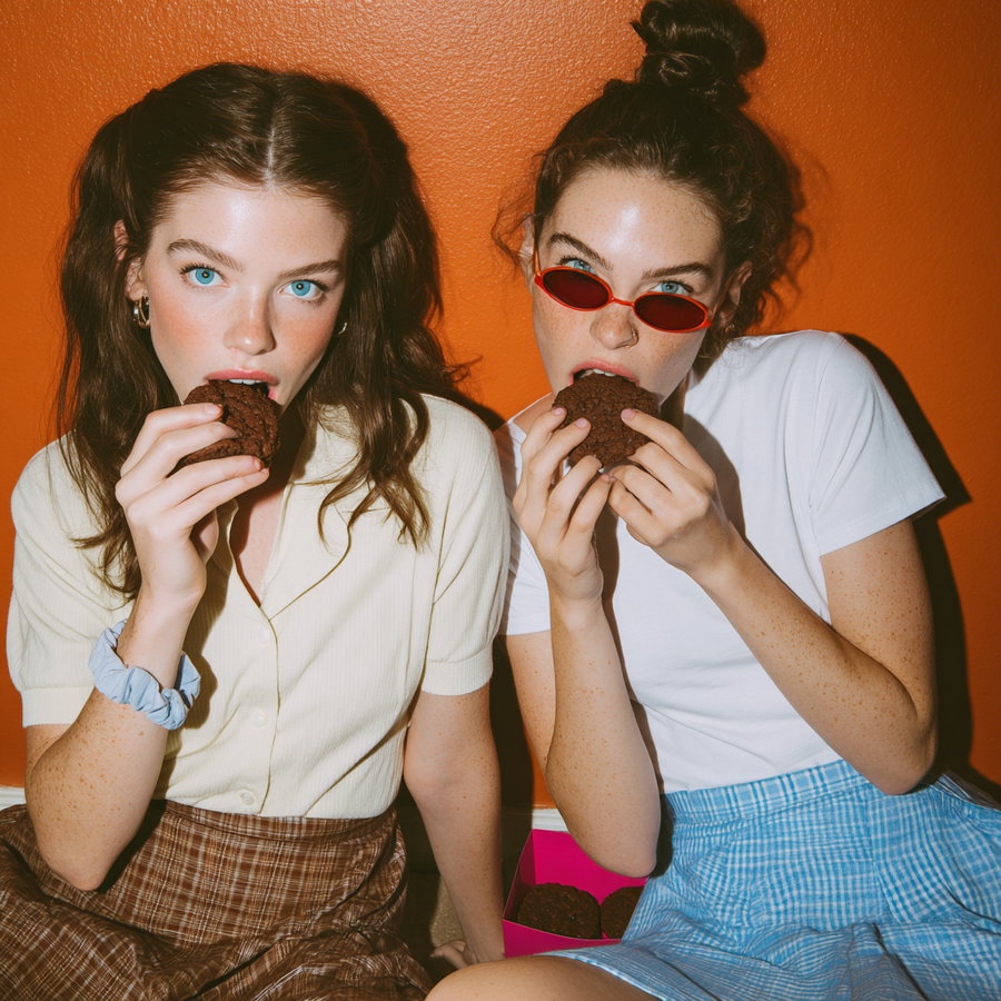 Two young women sitting side by side biting into chocolate cookies, one wearing a cream top and plaid skirt, the other wearing a white t-shirt, blue plaid skirt, and red sunglasses, with an orange background wall.