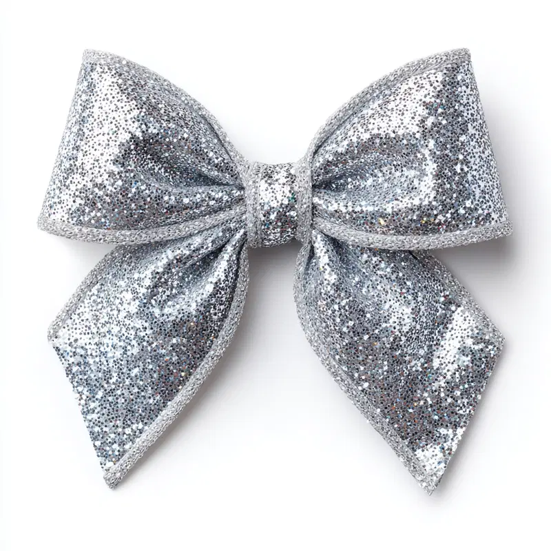 Close-up of a sparkling silver glitter bow on white background