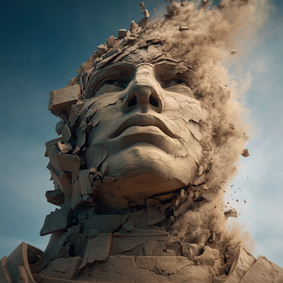 A detailed close-up of a large stone statue of a man's head with cracks and pieces breaking apart, turning into dust and debris on the right side, set against a moody cloudy sky.