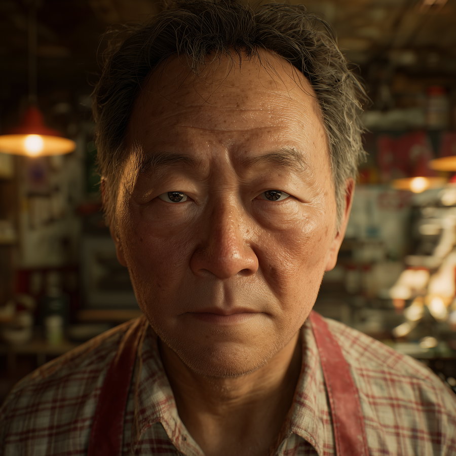 Close-up digital portrait of an elderly man with textured skin, short gray hair, wearing a plaid shirt and apron, set in a warmly lit indoor environment with blurred background objects