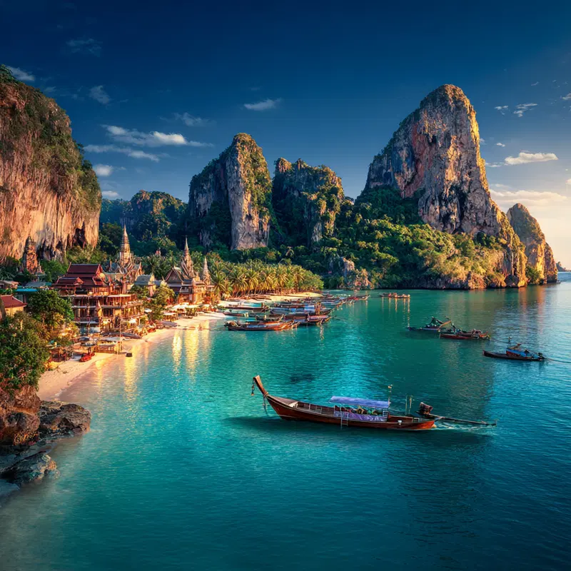 Scenic coastal village with boats and towering limestone cliffs in turquoise waters