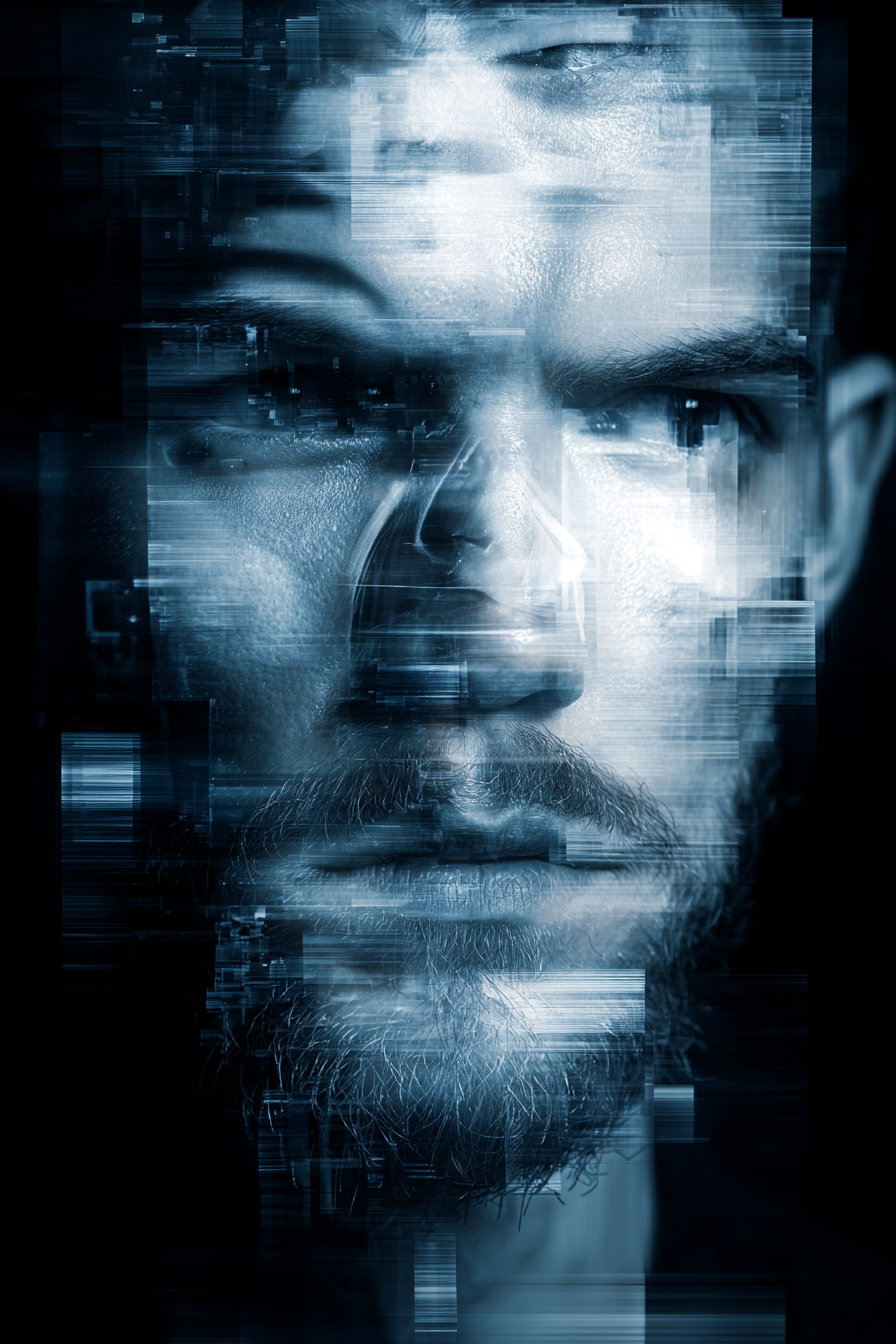 Close-up of a man's face digitally fragmented with glitch and pixelation effects in blue tones