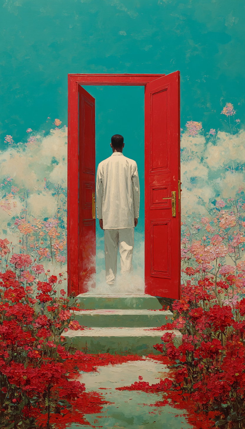 A painting depicting a man in white clothes walking through an open red door surrounded by red and pink flowers with a dreamy teal sky background