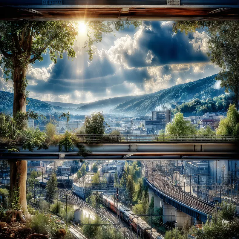 Sunlit landscape view of a city with hills and railway tracks under cloudy sky