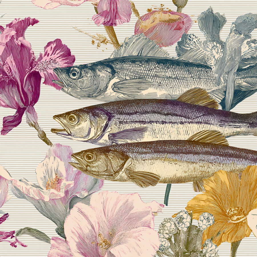 Three intricately drawn fish swimming horizontally among various colorful flowers including irises and poppies on a striped beige background