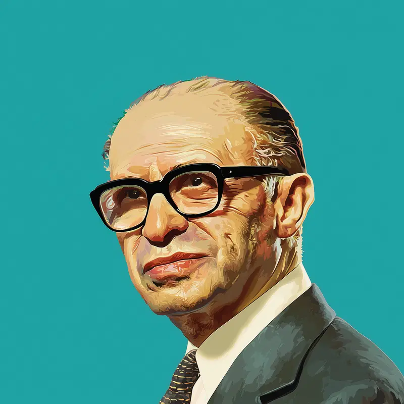 Detailed digital portrait of an elderly man with glasses in a suit against teal background