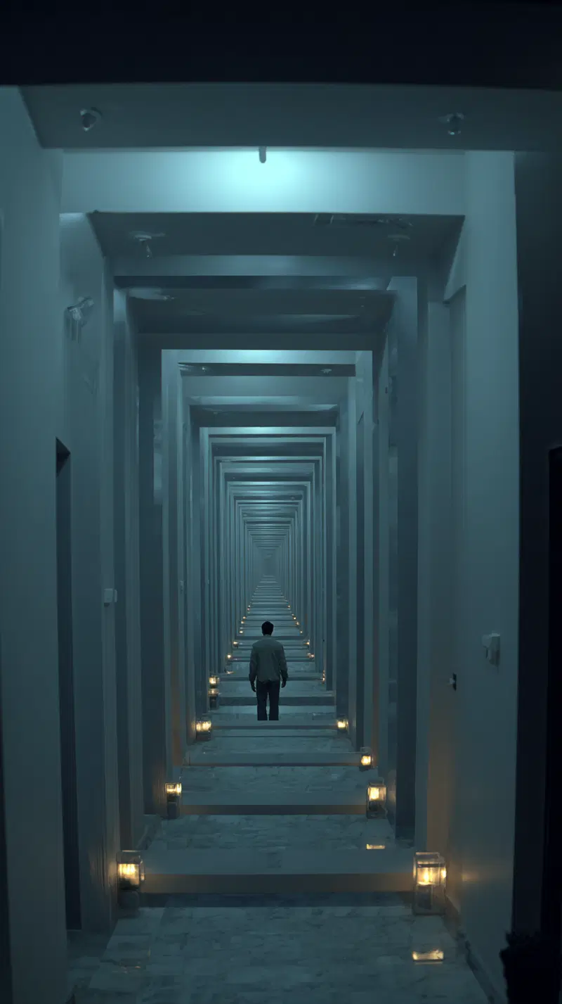 Man standing in a futuristic tunnel with repetitive rectangular frames and soft lighting