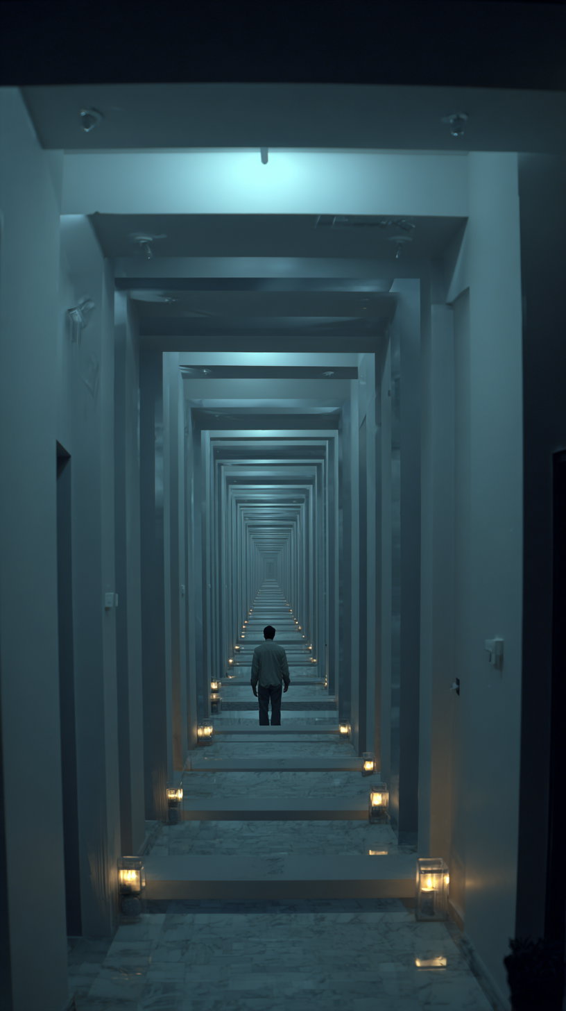 A man is standing in the middle of a long hallway composed of repeating rectangular frames with a bluish ambient light and lanterns placed along the floor edges.