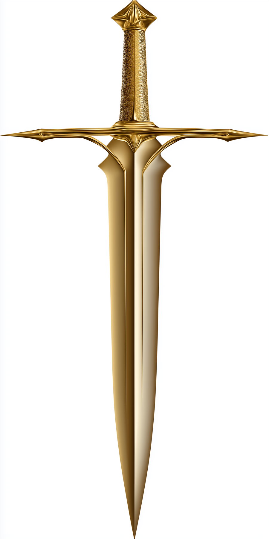 A detailed digital illustration of a golden sword with an ornate hilt and crossguard, pointed blade and elaborate handle pattern.