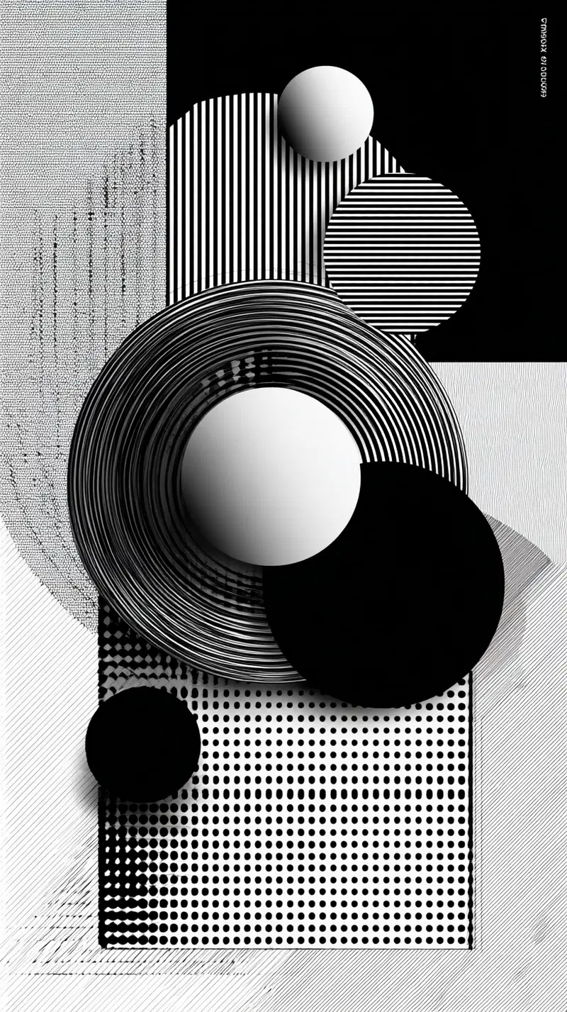 Black and white abstract composition featuring geometric circles and lines
