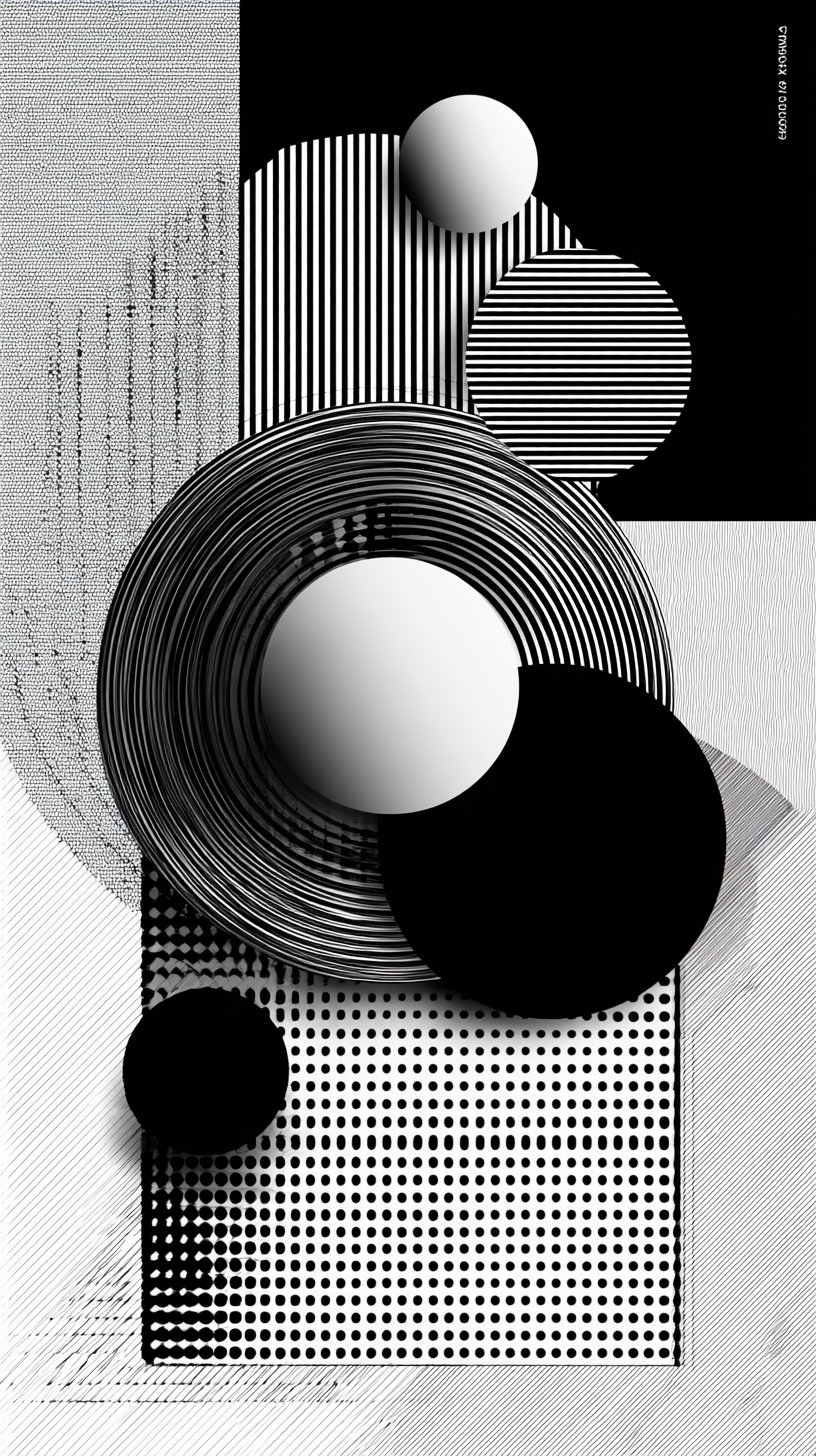 Abstract black and white artwork with various circles, stripes, dots, and textured patterns arranged in a geometric layout