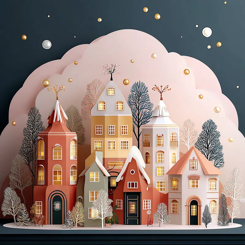 Cozy miniature village with illuminated windows and decorative trees